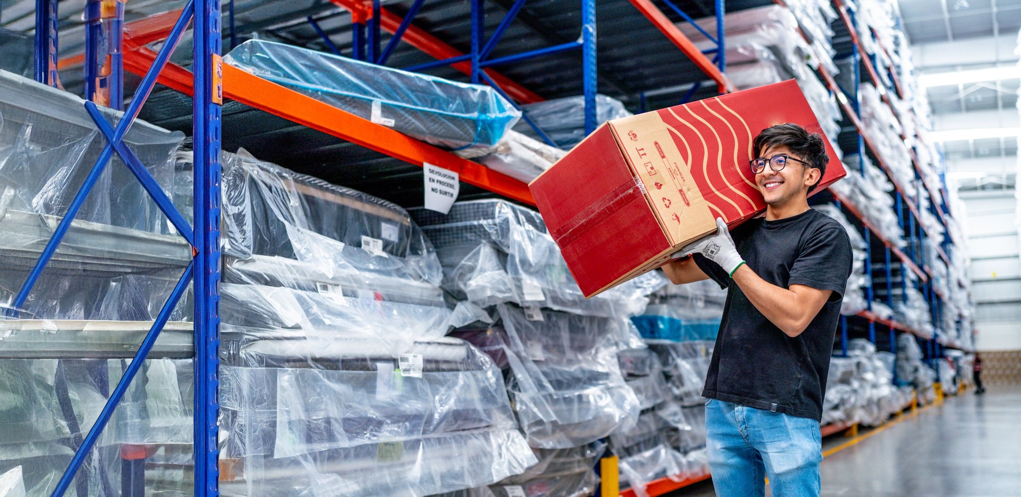 Warehouse worker carrying a carton beside storage shelves